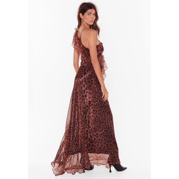 New Nasty Gal Black Magic Leopard Chiffon Ruffle Maxi Dress Long 4 Brown Formal - Picture 2 of 10